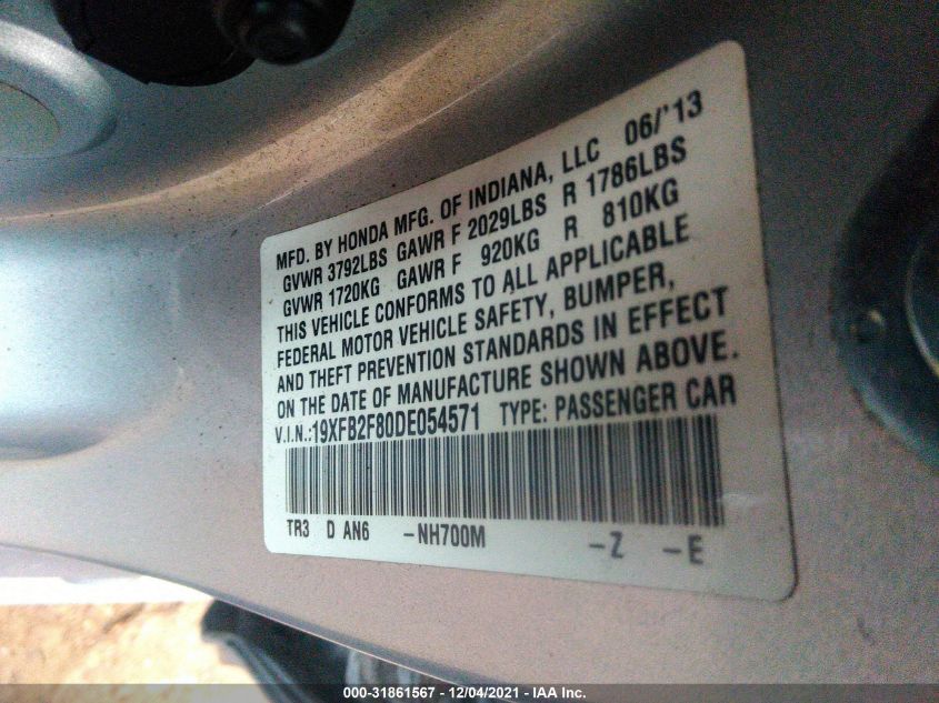 2013 HONDA CIVIC SDN EX 19XFB2F80DE054571