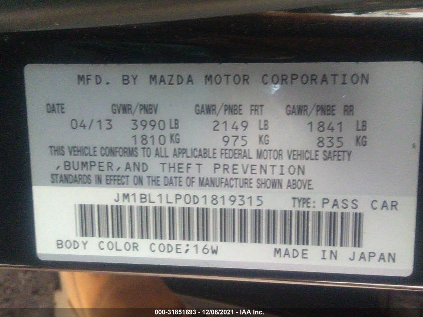 2013 MAZDA MAZDA3 I TOURING JM1BL1LP0D1819315