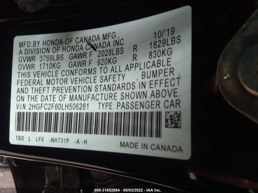 2020 HONDA CIVIC SEDAN LX 2HGFC2F60LH506261