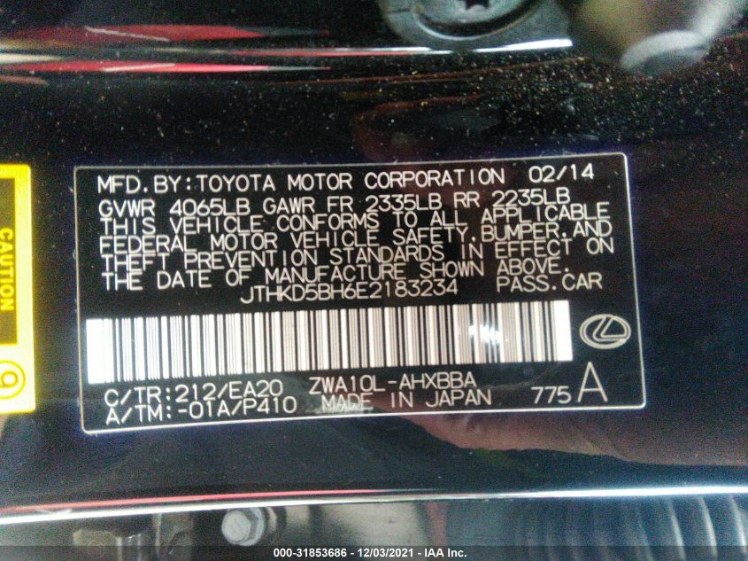 2014 LEXUS CT 200H HYBRID JTHKD5BH6E2183234