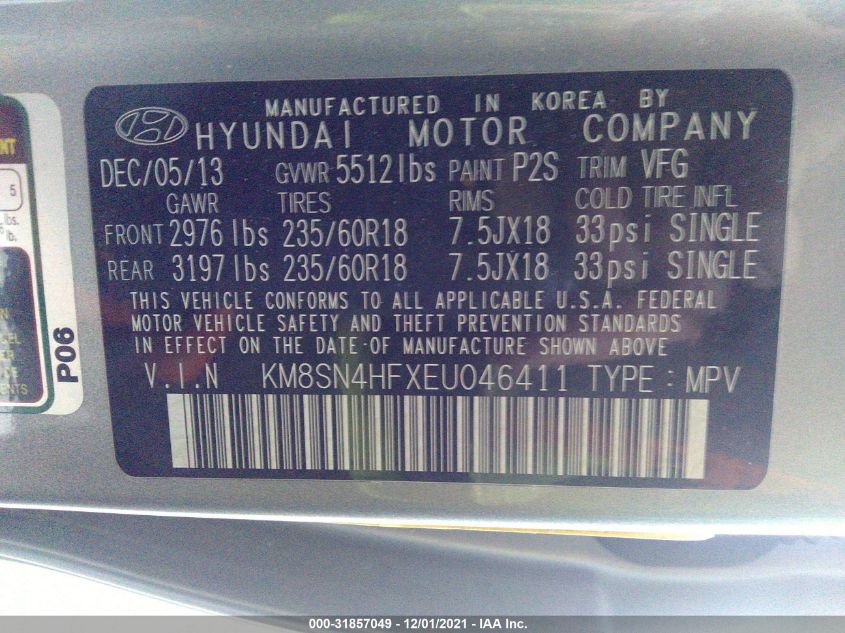 2014 HYUNDAI SANTA FE GLS KM8SN4HFXEU046411