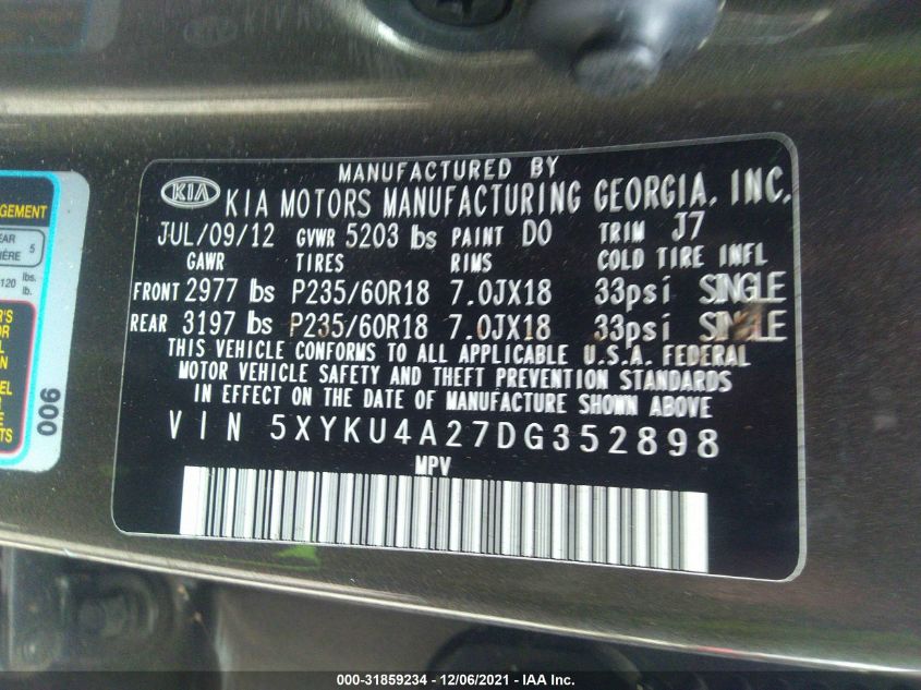 2013 KIA SORENTO EX 5XYKU4A27DG352898