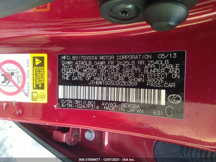 2013 LEXUS ES 300H HYBRID JTHBW1GG5D2030359