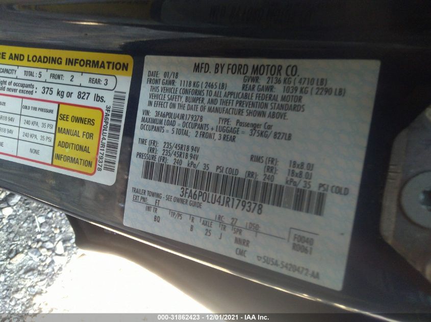 2018 FORD FUSION HYBRID SE 3FA6P0LU4JR179378