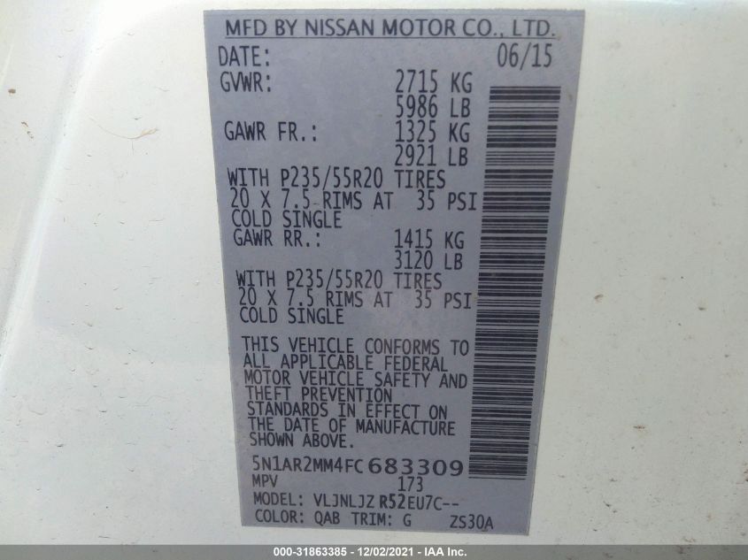 2015 NISSAN PATHFINDER PLATINUM 5N1AR2MM4FC683309
