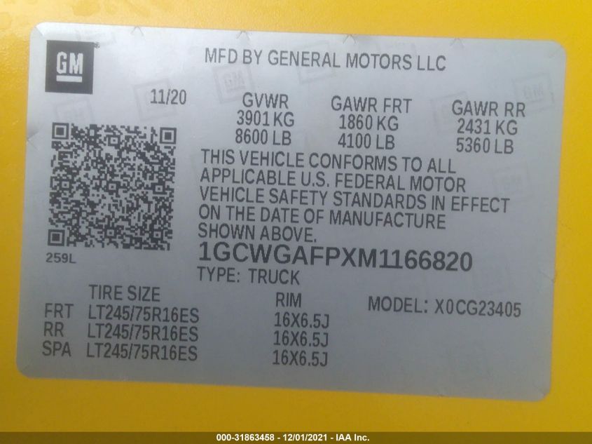 2021 CHEVROLET EXPRESS CARGO VAN 1GCWGAFPXM1166820