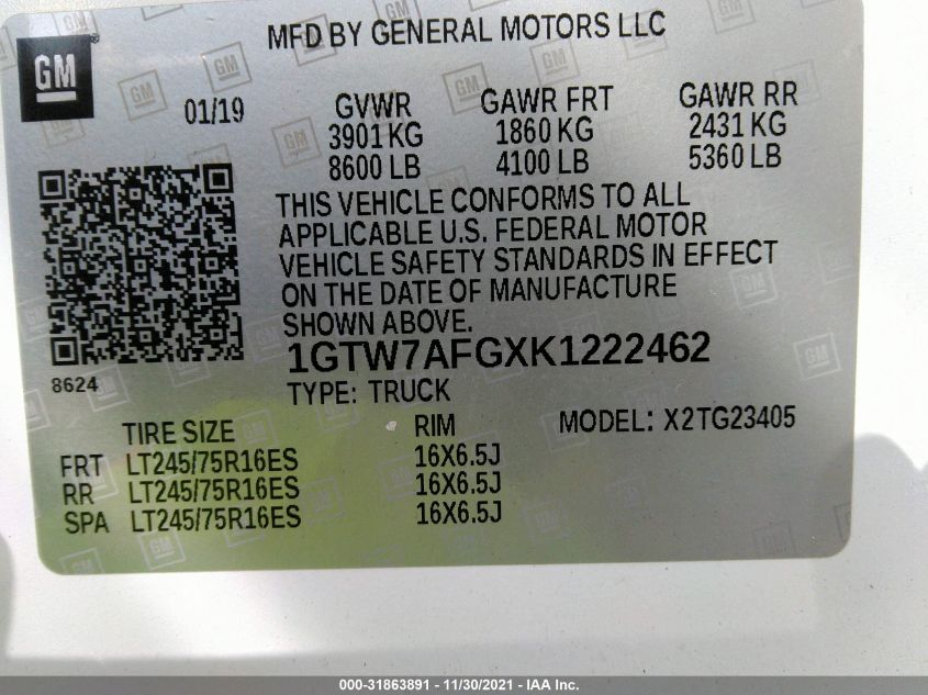 2019 GMC SAVANA CARGO VAN 1GTW7AFGXK1222462