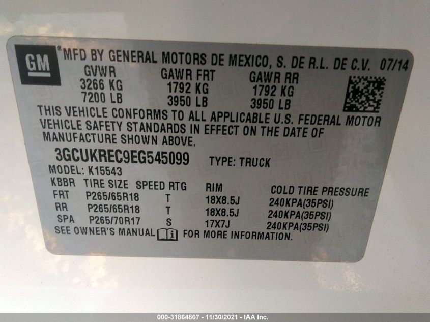 2014 CHEVROLET SILVERADO 1500 LT 3GCUKREC9EG545099