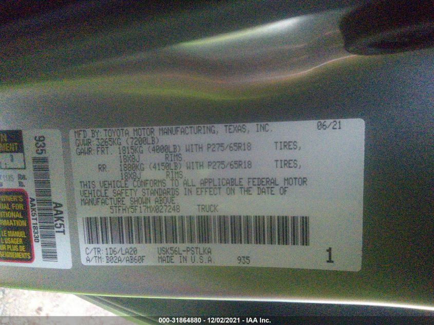 2021 TOYOTA TUNDRA 4WD LIMITED 5TFHY5F17MX027248