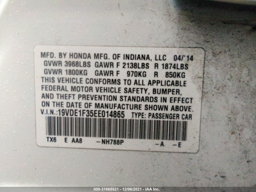 2014 ACURA ILX 19VDE1F35EE014865