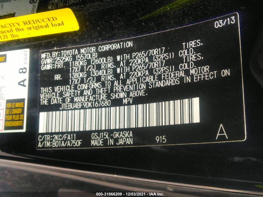 2013 TOYOTA FJ CRUISER JTEBU4BF9DK167680