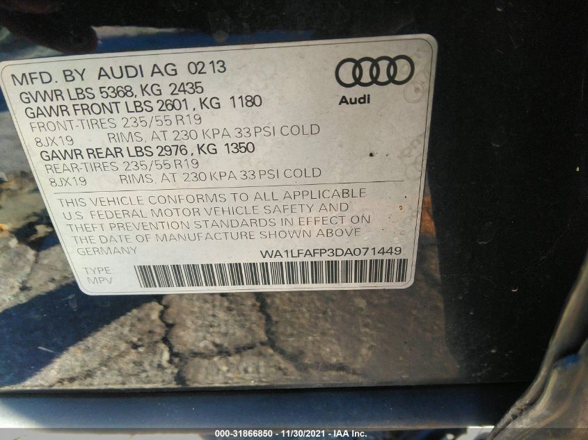 2013 AUDI Q5 PREMIUM PLUS WA1LFAFP3DA071449