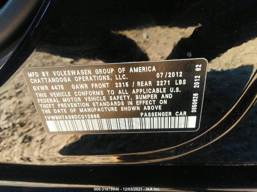 2013 VOLKSWAGEN PASSAT SE 1VWBH7A36DC012965