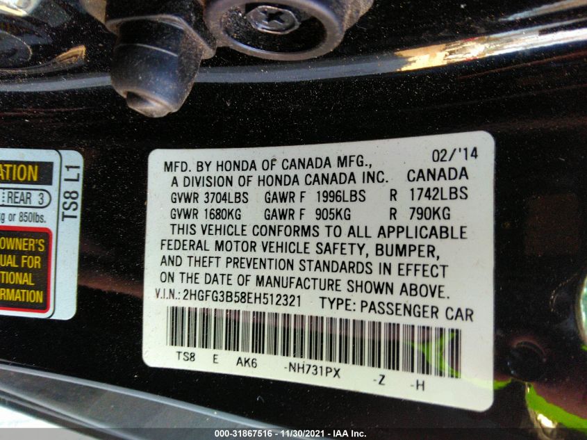 2014 HONDA CIVIC COUPE LX 2HGFG3B58EH512321