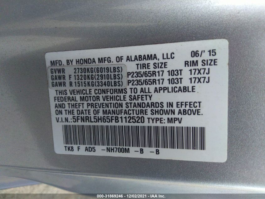 2015 HONDA ODYSSEY EX-L 5FNRL5H65FB112520