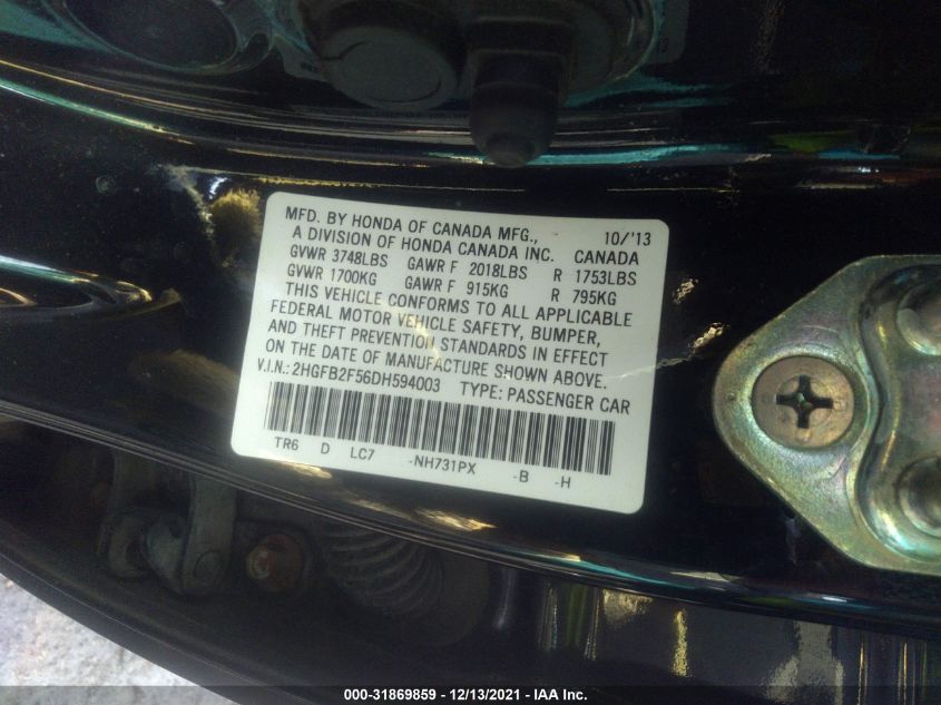 2013 HONDA CIVIC SDN LX 2HGFB2F56DH594003