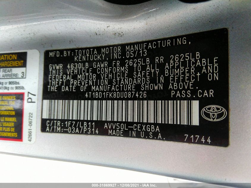 2013 TOYOTA CAMRY HYBRID XLE 4T1BD1FK8DU087426