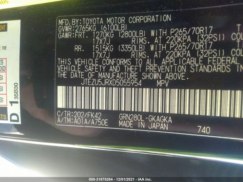 2013 TOYOTA 4RUNNER SR5/LIMITED JTEZU5JRXD5055954