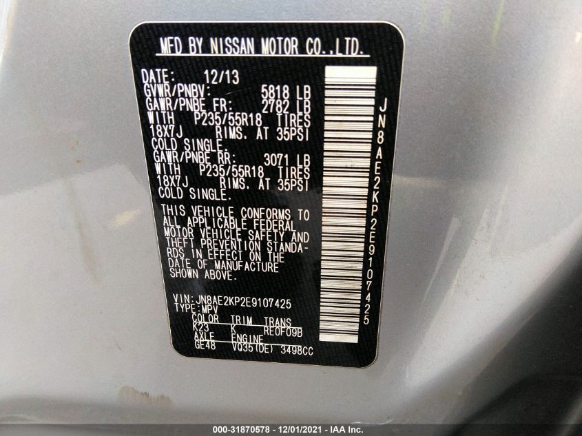 2014 NISSAN QUEST SL JN8AE2KP2E9107425