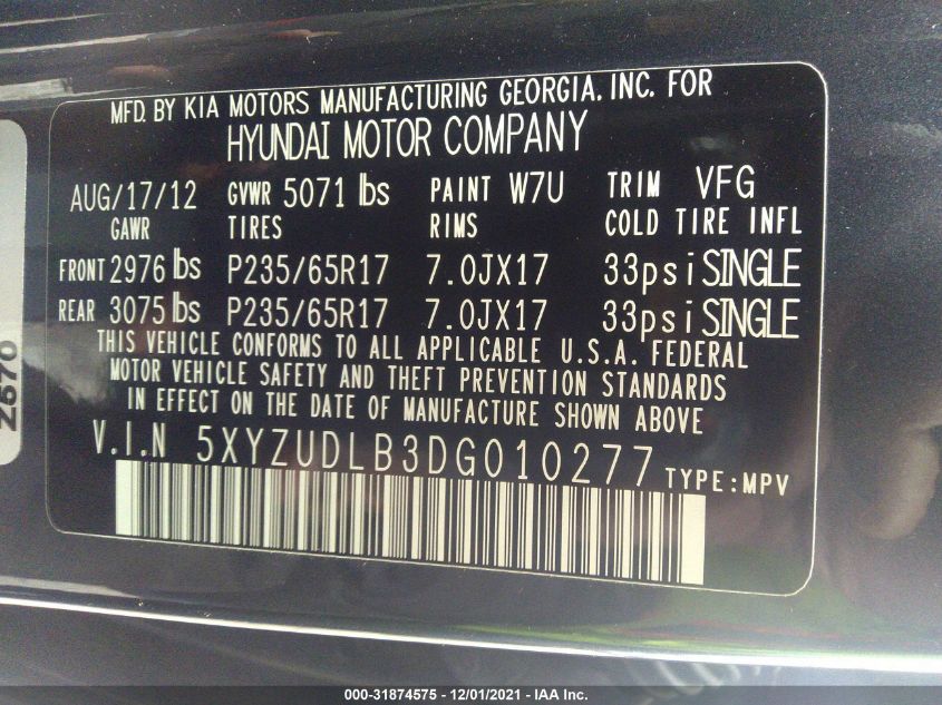 2013 HYUNDAI SANTA FE SPORT 5XYZUDLB3DG010277
