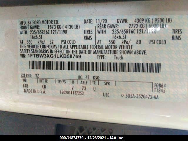 2020 FORD TRANSIT CARGO VAN 1FTBW3XG1LKB58769