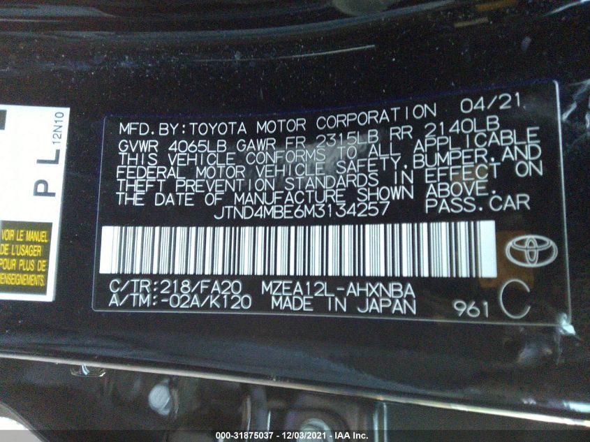 2021 TOYOTA COROLLA HATCHBACK SE/XSE/NIGHTSHADE JTND4MBE6M3134257