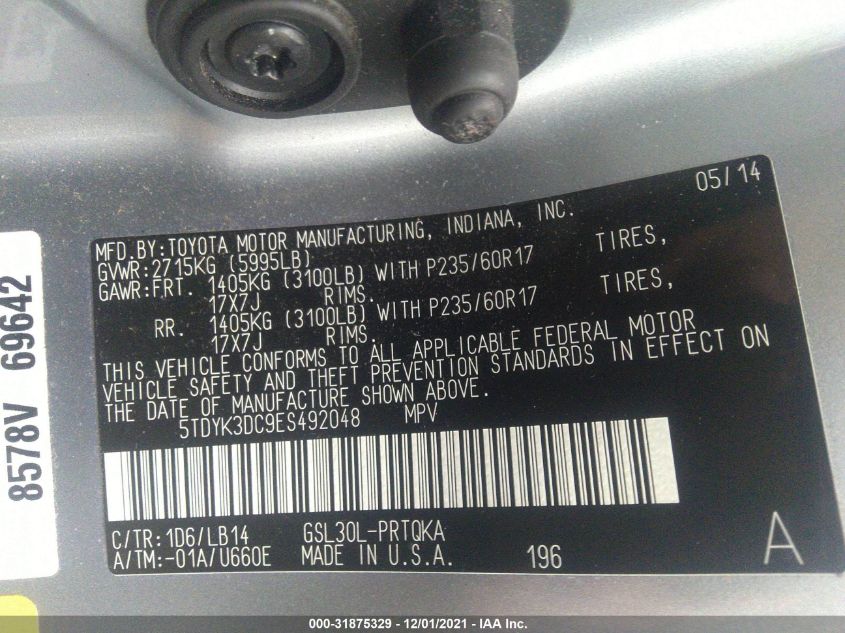 2014 TOYOTA SIENNA XLE/LIMITED 5TDYK3DC9ES492048