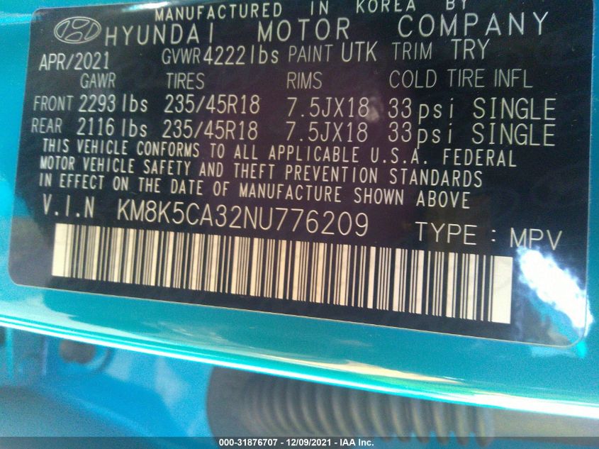 2022 HYUNDAI KONA LIMITED KM8K5CA32NU776209