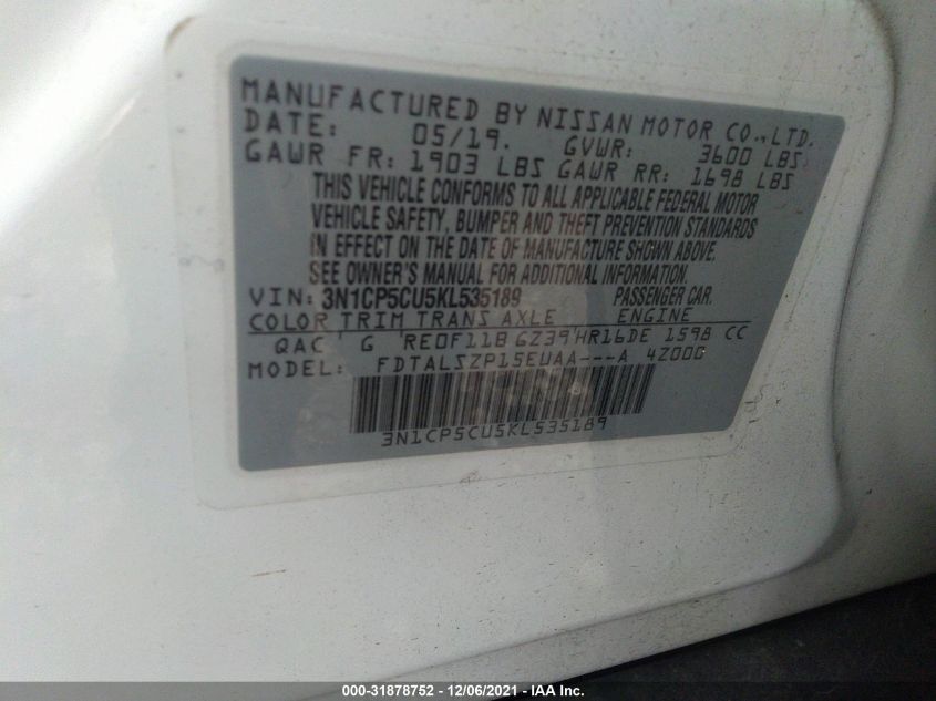 2019 NISSAN KICKS SV 3N1CP5CU5KL535189
