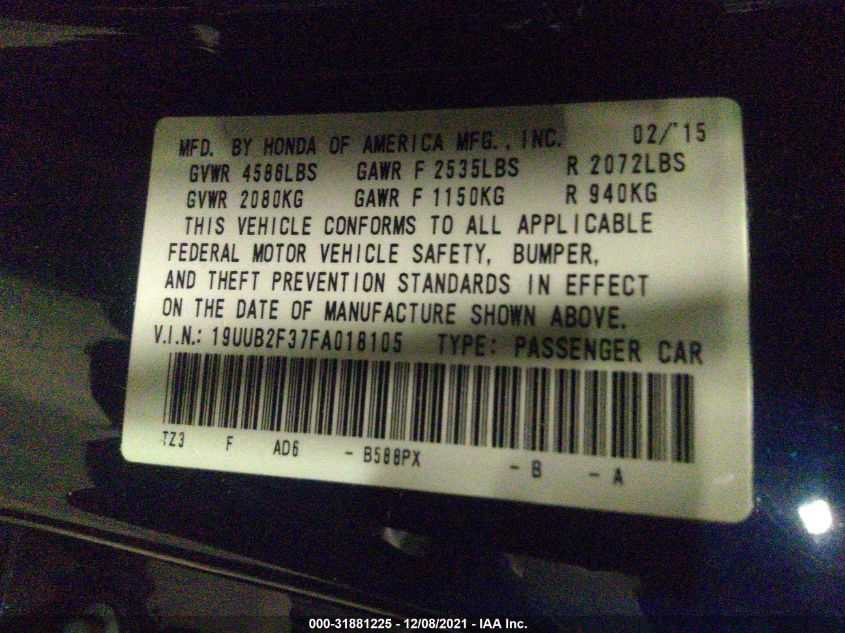 2015 ACURA TLX V6 19UUB2F37FA018105