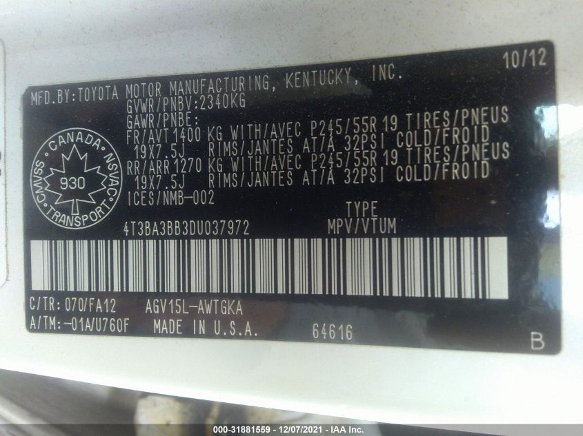 2013 TOYOTA VENZA LE/XLE 4T3BA3BB3DU037972