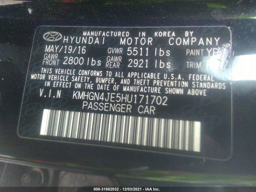 2017 GENESIS G80 3.8L KMHGN4JE5HU171702