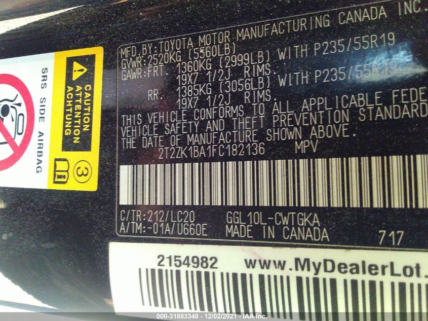 2015 LEXUS RX 350 2T2ZK1BA1FC182136