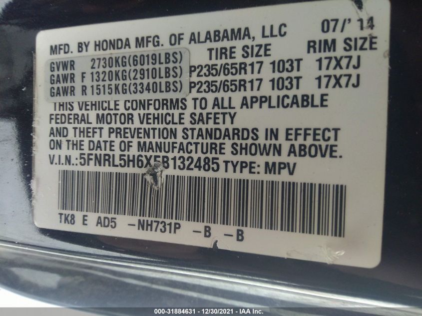 2014 HONDA ODYSSEY EX-L 5FNRL5H6XEB132485