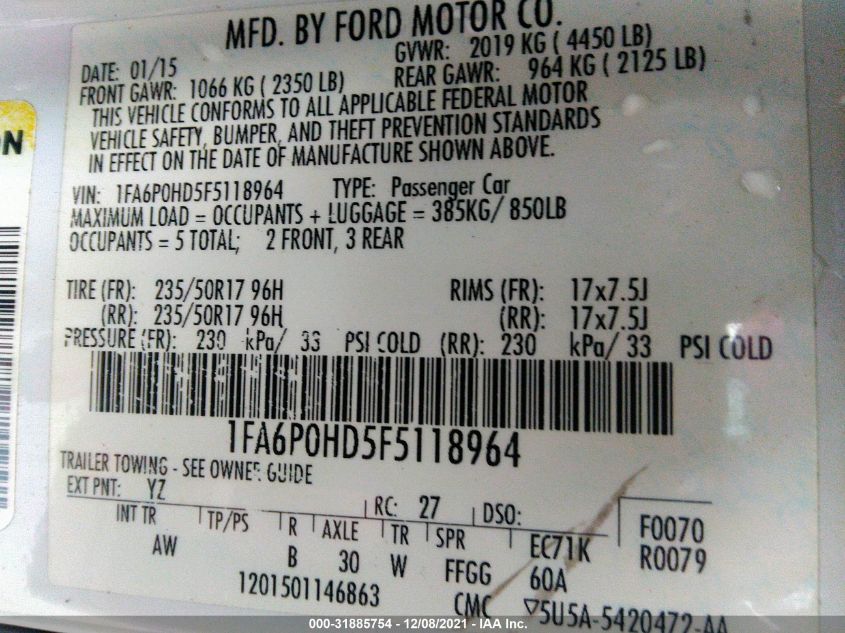 2015 FORD FUSION SE 1FA6P0HD5F5118964