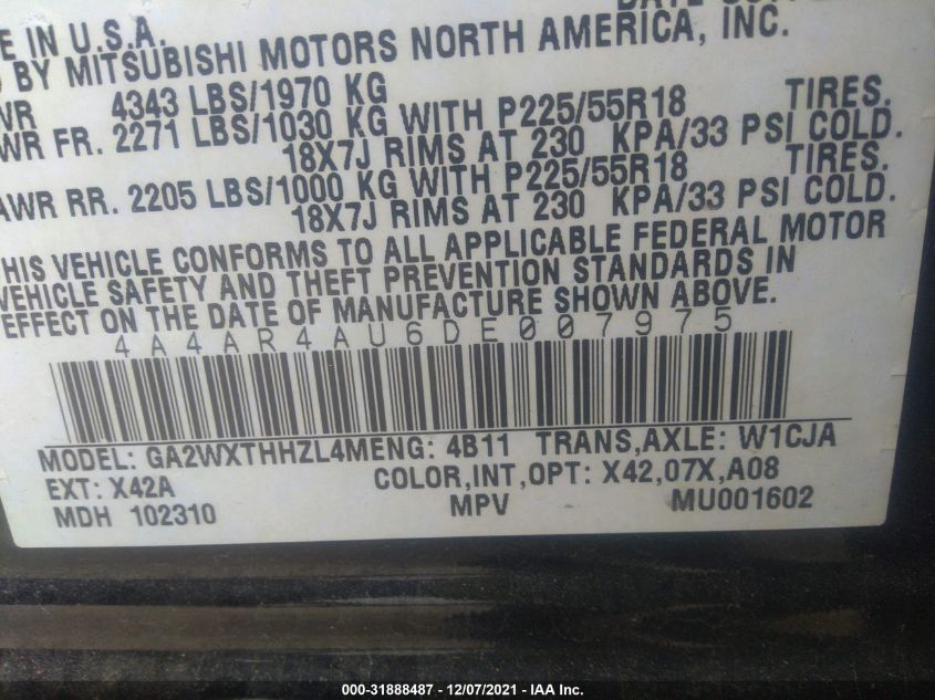 2013 MITSUBISHI OUTLANDER SPORT SE 4A4AR4AU6DE007975
