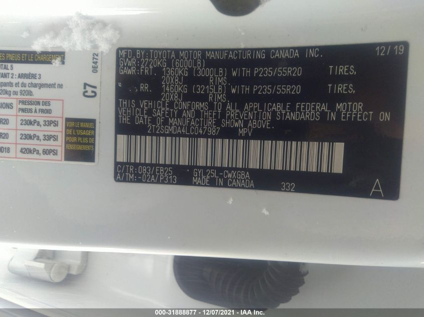 2020 LEXUS RX RX 450H F SPORT 2T2SGMDA4LC047987
