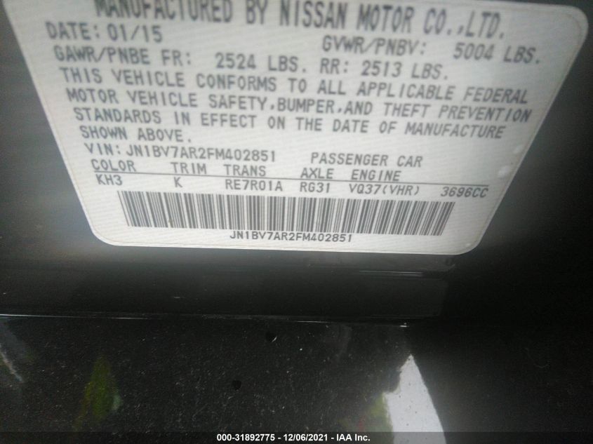 2015 INFINITI Q50 SPORT JN1BV7AR2FM402851