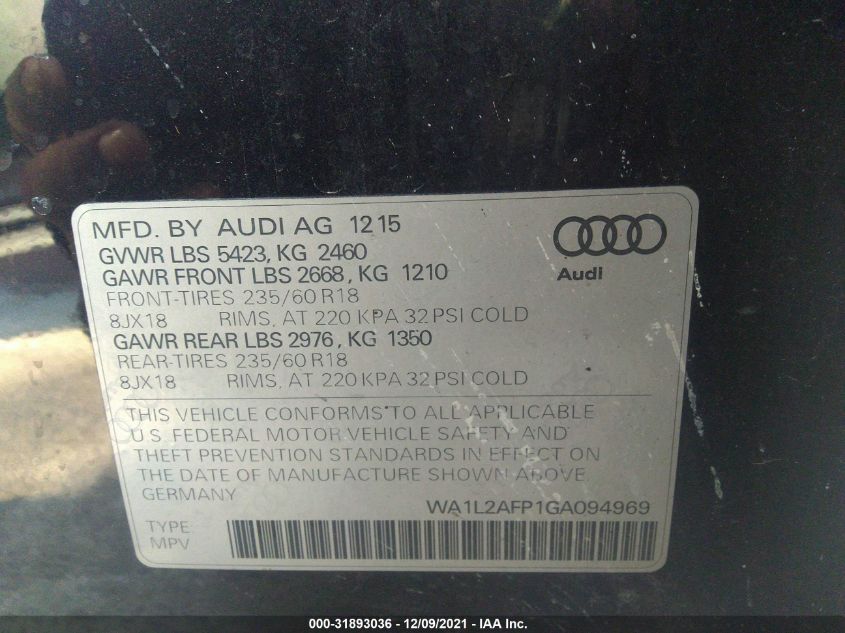 2016 AUDI Q5 PREMIUM PLUS WA1L2AFP1GA094969