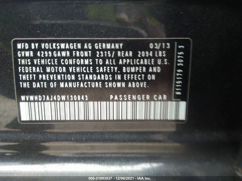 2013 VOLKSWAGEN GTI DRIVER'S EDITION WVWHD7AJ4DW130843