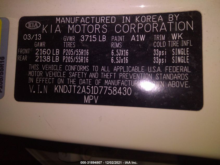 2013 KIA SOUL BASE KNDJT2A51D7758430