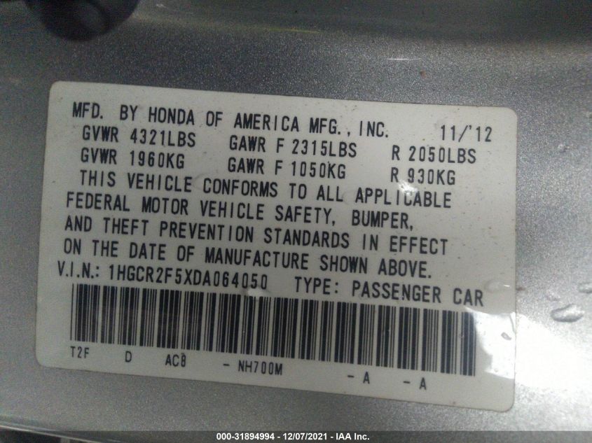 2013 HONDA ACCORD SDN SPORT 1HGCR2F5XDA064050