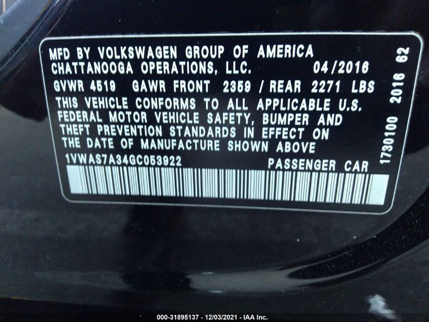 2016 VOLKSWAGEN PASSAT 1.8T S 1VWAS7A34GC053922