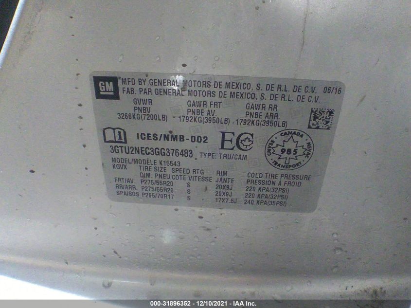 2016 GMC SIERRA 1500 SLT 3GTU2NEC3GG376483