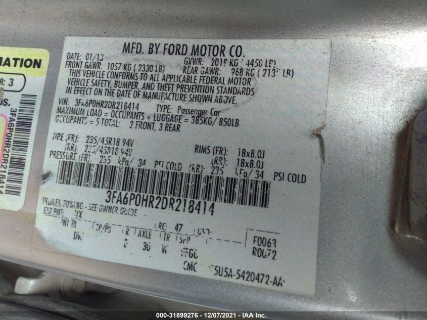 2013 FORD FUSION SE 3FA6P0HR2DR218414