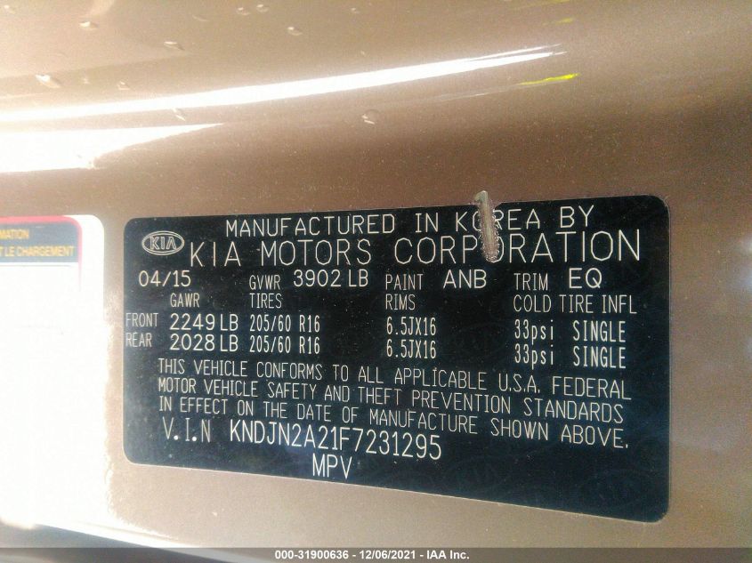 2015 KIA SOUL BASE KNDJN2A21F7231295