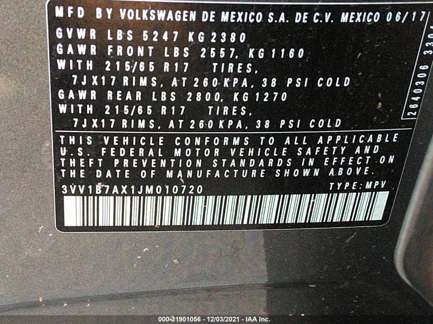 2018 VOLKSWAGEN TIGUAN S 3VV1B7AX1JM010720
