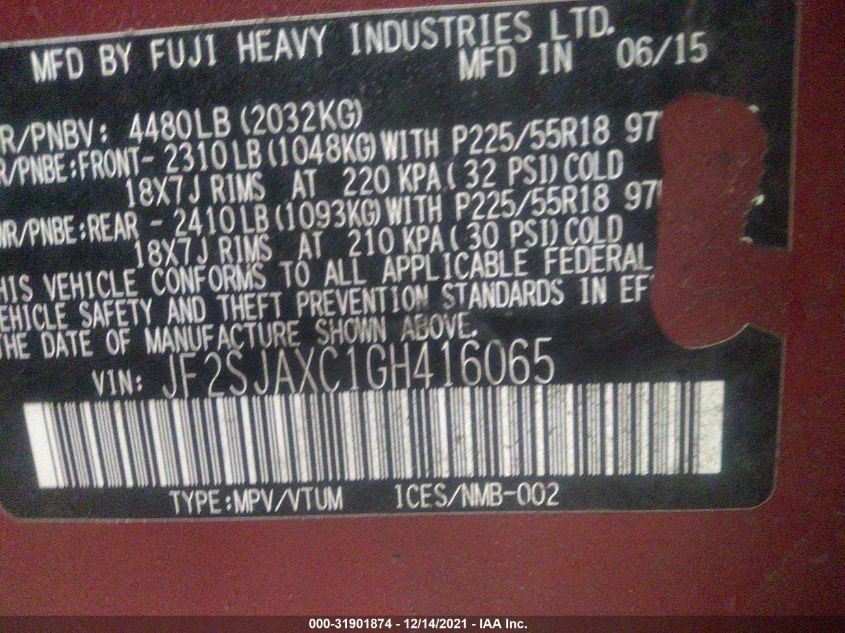 2016 SUBARU FORESTER 2.5I TOURING JF2SJAXC1GH416065