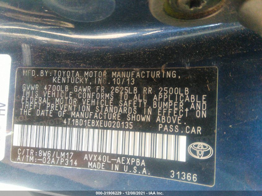 2014 TOYOTA AVALON HYBRID LIMITED 4T1BD1EBXEU020135