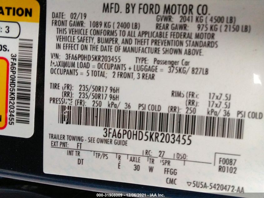 2019 FORD FUSION SE 3FA6P0HD5KR203455